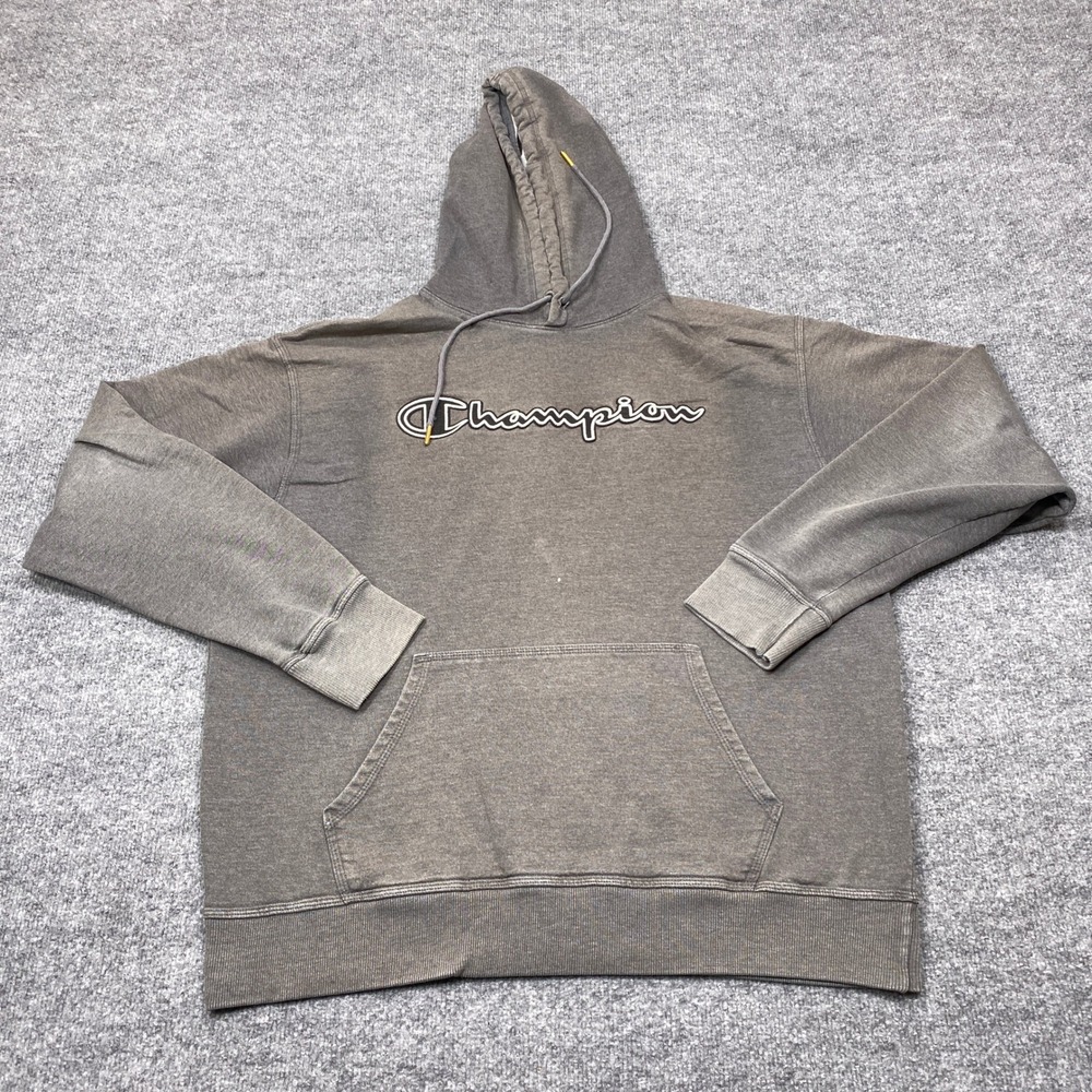 Champion Hoodie Mens XL Gray Script Logo Pullover Long Sleeve Faded Wash